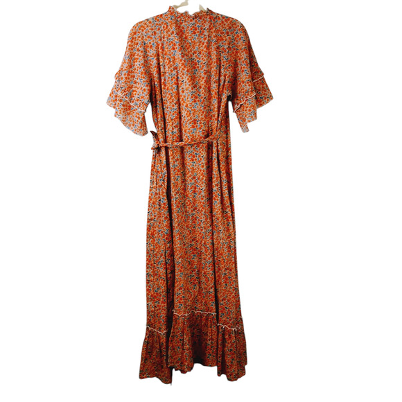M.A.B.E SZ L Tiered Floral Maxi Wrap Dress Metallic Throughout Orange Blue Gold - Picture 4 of 5